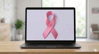 Pink ribbon breast cancer awareness symbol on a laptop screen in an office in Artemida, Greece, promoting free health screenings.