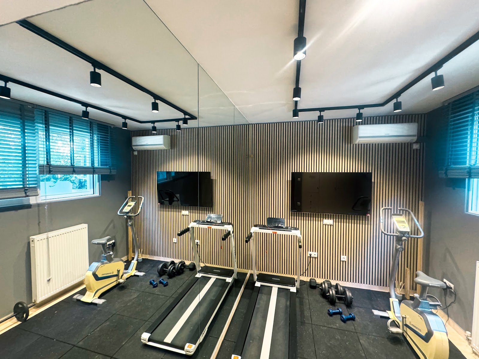 Exclusive private gym with treadmill and weights at Whitealcyone Fit & Zen Apartment, ensuring guests can maintain their fitness routine during their Athens beach vacation.